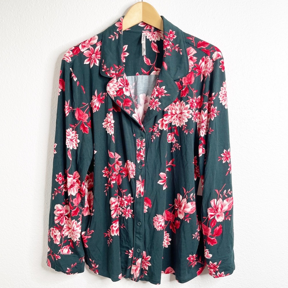 Soma Cool Nights Pajama Top XL Cottage Floral Green Pink Button Down Long Sleeve